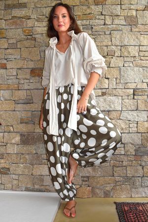 Basso Big Dot Balloon Cuff Pant Khaki & White
